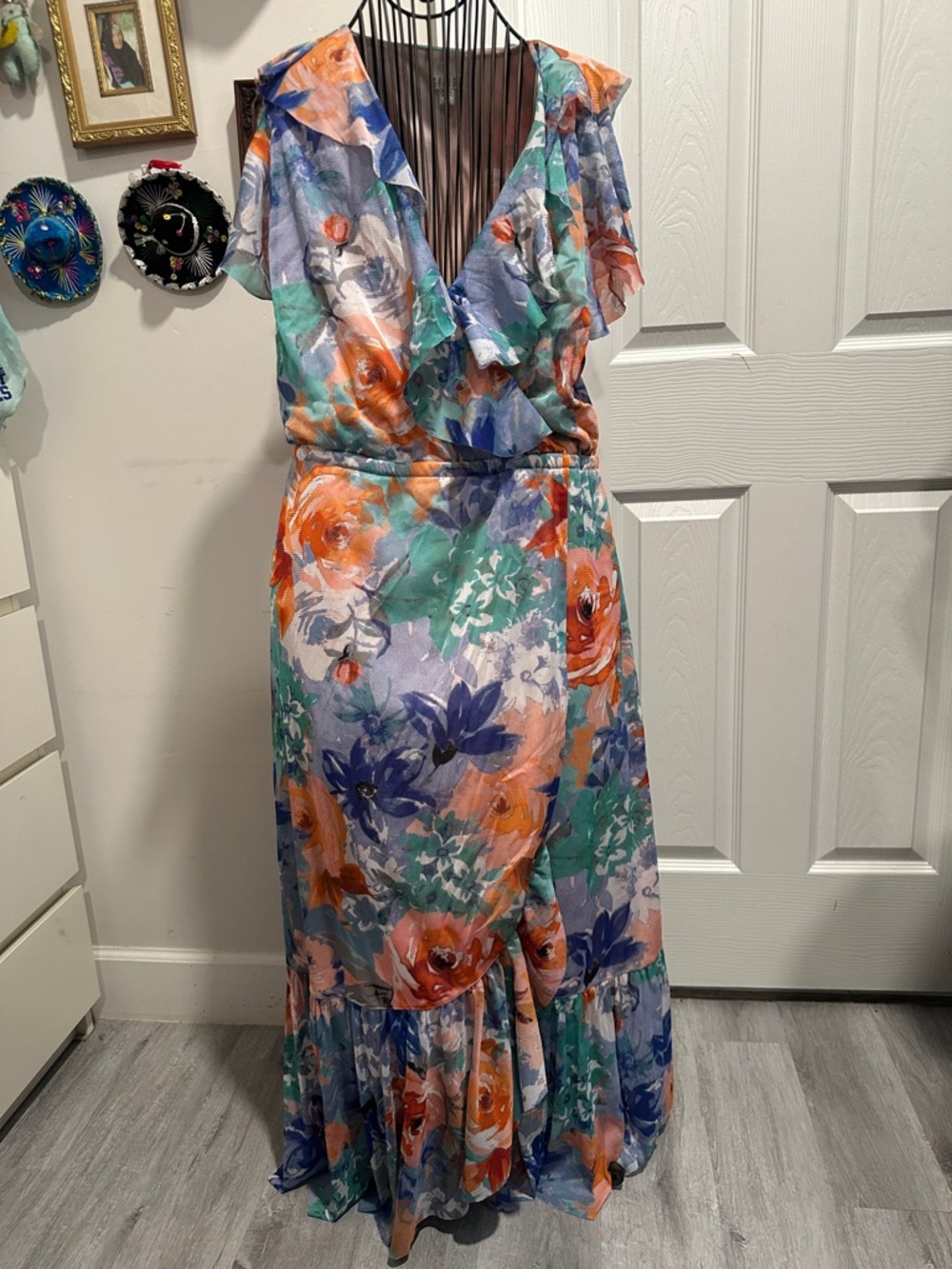 Spense Floral Ruffle V-Neck Maxi Dress in Orange, Blue & Green